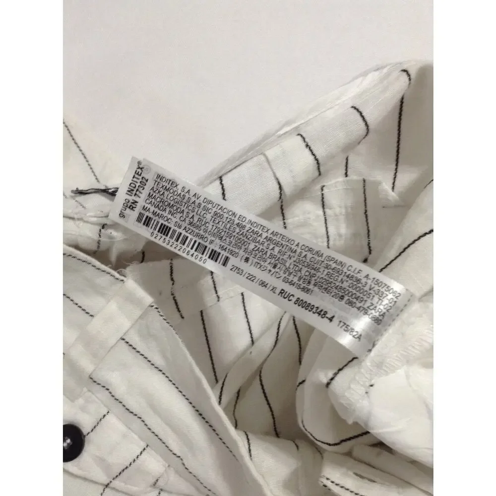 ZARA White Pinstripe Linen Blend Pants Women XL Wide Straight Leg Resort Beach
